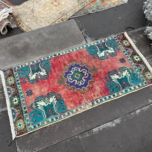 turkish small rug - bathroom rug -vintage rug - handmade wool rug - doormat rug - entrance rug - red small decor rug - 1.8 x 3.4 ft