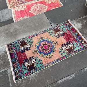 Handwoven Turkish Wool Rug: Vintage Doormat, Small Rainbow Decor (1.7 x 2.11 ft)