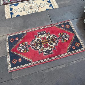 Vintage Turkish Wool Rug: Small Red Anatolian Doormat (1.9 x 3.3 ft)