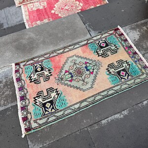 Vintage Turkish Wool Rug: Small Rainbow Doormat (1.8 x 3 ft)