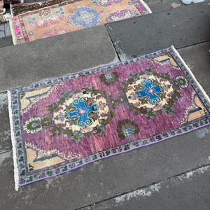turkish small rug - bathroom rug -vintage rug - handmade wool rug - doormat rug - entrance rug - purple small decor rug - 1.7 x 2.11 ft