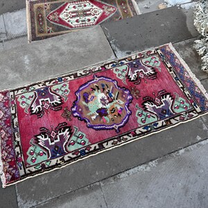 turkish small rug - bathroom rug -vintage rug - handmade wool rug - doormat rug - entrance rug - purple small decor rug - 1.8 x 3.6 ft