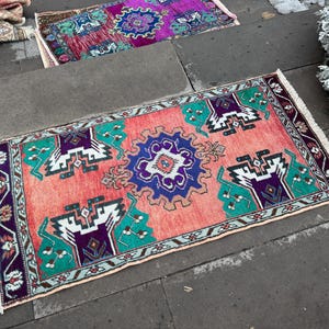 Handmade Turkish Wool Rug: Vintage Anatolian Rainbow Doormat (1.10x3.9 ft)