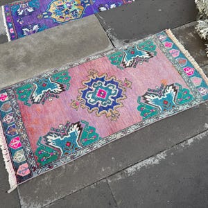 Handmade Turkish Wool Rug: Vintage Small Doormat (1.7 x 3.4 ft)