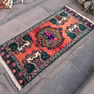 Handmade Wool Turkish Rug: Vintage Doormat, Rainbow Decor (1.10 x 3.11 ft)