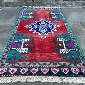 turkish small vintage rug - bath mat rug -  handmade  small carpet - entrance small rug - oushak  rug - decorative small rug - 1.10x3.5 ft