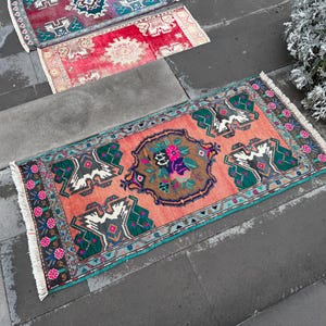 Handmade Turkish Wool Rug: Vintage Oriental Doormat (1.10 x 3.11 ft)