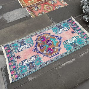 Handmade Wool Turkish Rug: Vintage Anatolian Doormat (1.10x 3.10 ft)