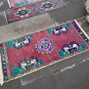 turkish small rug - bathroom rug -vintage rug - handmade wool rug - doormat rug - entrance rug - purple small decor rug - 1.9 x 3.9 ft