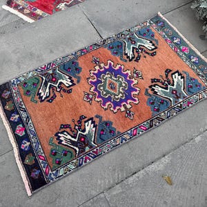 Handwoven Wool Turkish Rug: Vintage Anatolian Doormat (1.8x3 ft)