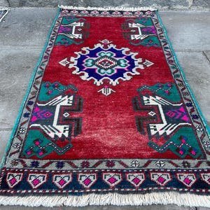 turkish small vintage rug - bath mat rug -  handmade  small carpet - entrance small rug - oushak  rug - decorative small rug - 1.10x3.5 ft