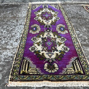 small vintage rug - doormat rug - bathroom rug - turkish mini rug - handmade wool rug - home decor rug - small purple rug - 1.6x3.8 ft