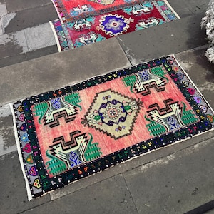Handwoven Turkish Wool Rug: Vintage Small Doormat (1.10 x 3.6 ft)