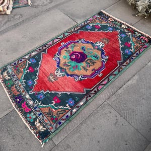 Vintage Turkish Wool Rug: Handmade Red Entry Rug (1.10 x 3.4 ft)