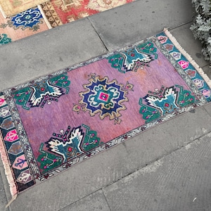 turkish small rug - bathroom rug -vintage rug - handmade wool rug - doormat rug - entrance rug - purple small decor rug - 1.7 x 3.4 ft