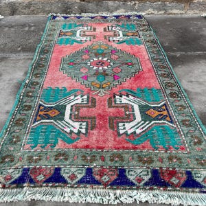 turkish small rug - bath mat rug -  handmade vintage small carpet - entry mini rug - oushak mini rug - tiny door mat rug - 1.9 x 3.4  ft