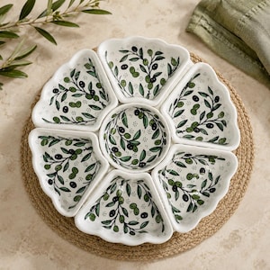 Handmade Hebron Pottery Serving Set – 8 Piece Palestinian Ceramic Appetizer Tray – Keffiyeh Pattern Snack & Dip Platter – Olive or Keffiyeh