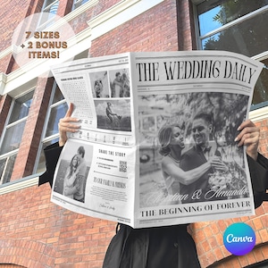 May include: A black and white newspaper titled "THE WEDDING DAILY" with photos and text. The newspaper features the names "Christian & Amanda" and the phrase "THE BEGINNING OF FOREVER". The text "7 SIZES + 2 BONUS ITEMS!" is also visible.