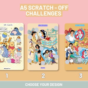 May include: Three A5 scratch-off challenge cards featuring cartoon characters. The first card shows Winnie the Pooh and friends. The second card features Aladdin and Jasmine with the text I'm not a prize to be won. The third card displays Ariel and Eric with the text But daddy, I love him.