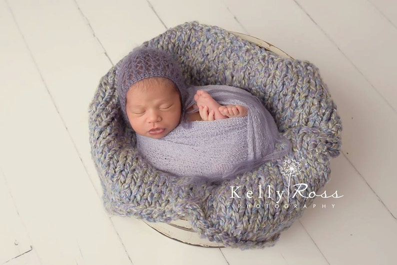 Unique Open Stitch Newborn Dome Back Bonnet in Delicate Fluffy Blue Violet Mohair with Choice of Adding Chunky Layering Blanket