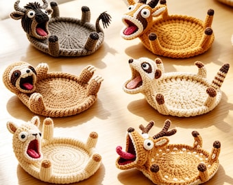 Funny Crochet Animal Coaster,Cute Wild Animal Mug Rug,Funny Knit Drink Coaster,Handmade Critter Cup Mat,Housewarming Gift,Coffee Table Decor