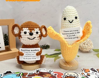 かわいいかぎ針編みのサルとバナナのセット、ポジティブモンキー、手作りのあみぐるみぬいぐるみ、かぎ針編みのフルーツ、バナナのあみぐるみ、デスクデコレーション、子供や友達へのギフト