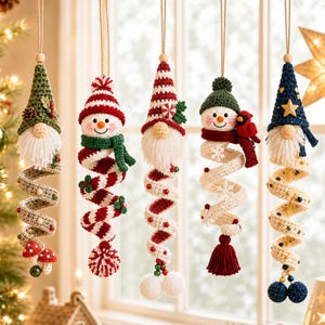 Virkad julspiraldekoration, vindsnurra, färdig, gör-det-själv-kit och mönster, gnome, snögubbe, handgjord julbilhängande väggdekoration, julklapp
