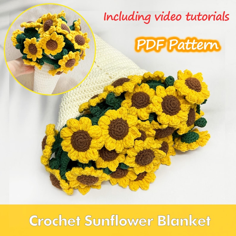 PDF Muster nur, Video, Sonnenblume Häkeldecke PDF Muster, Sonnenblume Decke, Blumenstrauß Decke, PDF Häkeln Muster, Sonnenblume Häkelanleitung Bild 1