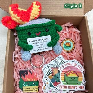 Crochet Emotional Support Dumpster Fire Set,Burning Trash Can,I&#39;m Fine,Stress Relief Gift,Work Desk Decor,Funny Christmas Gift For Coworker
