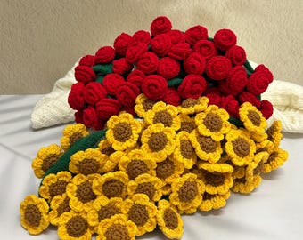 Manta de ganchillo con ramo de rosas y girasoles, manta de rosas, manta de ganchillo terminada, manta de flores, boda, regalo para ella, regalo del Día de la Madre