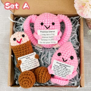 May include: A gift set in a cardboard box containing three handmade crochet items: a pink uterus with text, a brown and beige willy with text, and a pink butt plug with text. The set is labeled "Set A".