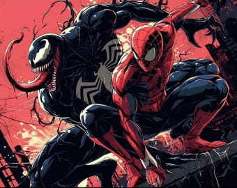 May include: A graphic illustration featuring the characters Venom and Spider-Man in a dynamic pose. Venom is black with a white spider emblem and a long tongue, while Spider-Man wears a red and blue suit. The background is a vibrant red.