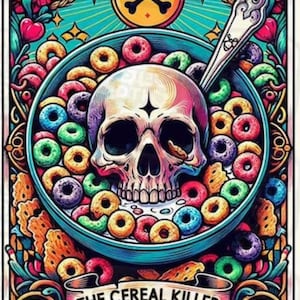 May include: A colorful illustration features a skull in a bowl of cereal. The cereal is a mix of colorful, ring-shaped pieces. The words "THE CEREAL KILLER" are on a banner below the bowl. The background is a vibrant mix of colors.