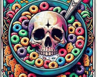 Puede incluir: Ilustración colorida de una calavera en un cuenco de cereales. Los cereales son piezas en forma de anillo de varios colores. La pancarta debajo del cuenco dice "THE CEREAL KILLER". El fondo es una mezcla de colores vibrantes.