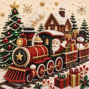 May include: A diamond painting craft featuring a red steam locomotive with a gold star, driven by Santa Claus. The scene includes a snow-covered house, a decorated Christmas tree, a snowman, and gift boxes, all embellished with colorful beads.