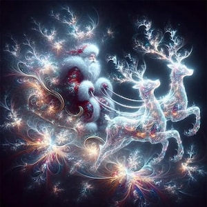 Könnte beinhalten: Ein künstlerische Darstellung von Santa Claus in einem roten Anzug mit weißem Fellbesatz, der einen Schlitten fährt, der von zwei leuchtenden Rentieren gezogen wird. Das Bild ist mit wirbelnden, farbenfrohen Lichtmustern gefüllt, die eine festliche Weihnachtsszene schaffen.