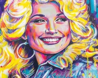 Puede incluir: Un retrato colorido de una mujer con cabello rubio, usando una chaqueta vaquera azul. La pintura está hecha en un estilo vibrante con salpicaduras de color.