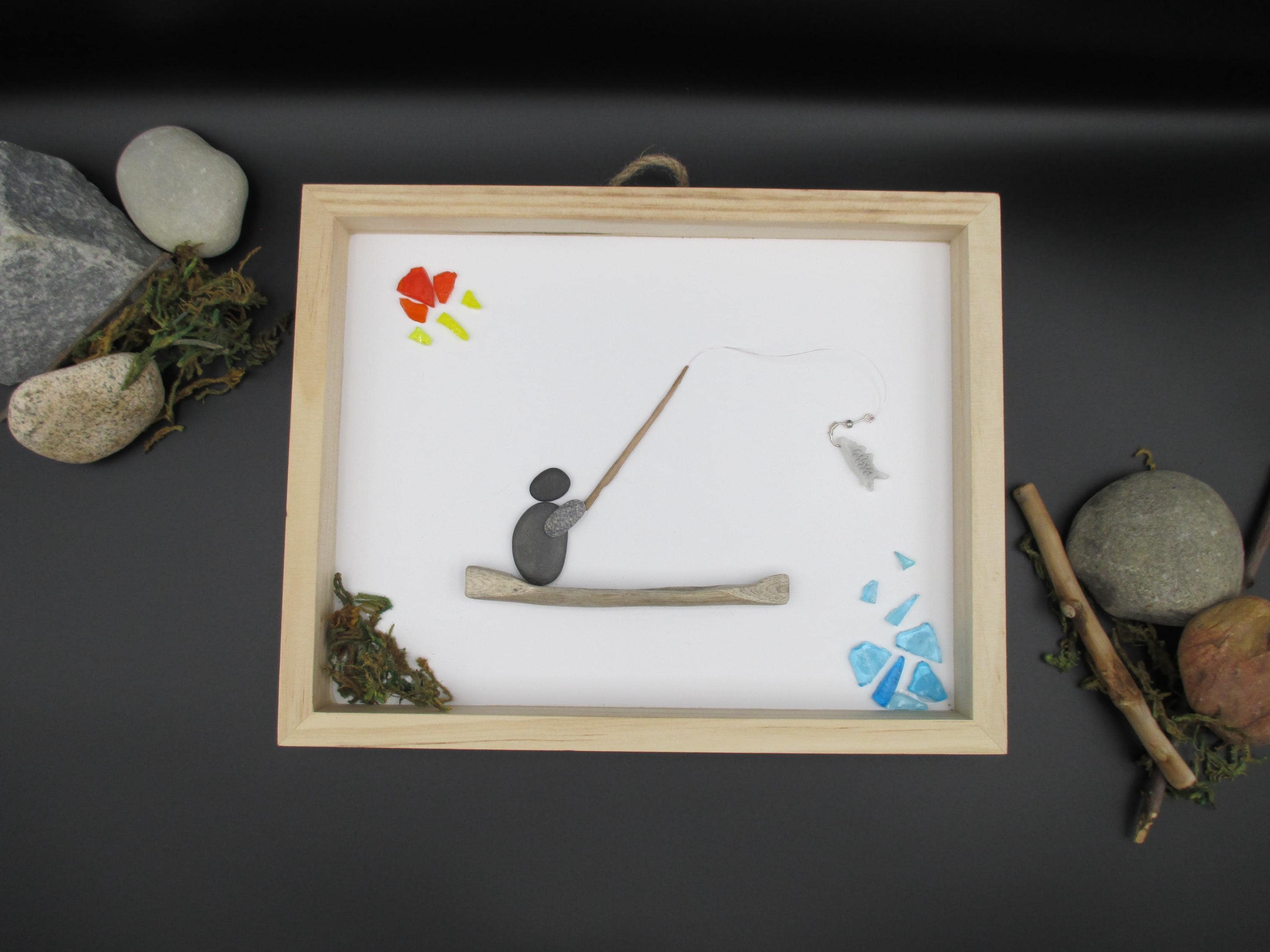 Fisherman, Pebble Art, Fishing Boat, Out Fishing, Lake, Sunny Day, Rock Art, River Boating, Boat, Fishing Rod, Hook, Fish, Water, Wood Boat