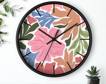 Art Deco Floral Wall Clock, Silent Wood Frame, 10x10