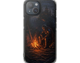 Funda para iPhone con diseño pixelado de caballero de fantasía oscura, compatible con MagSafe.