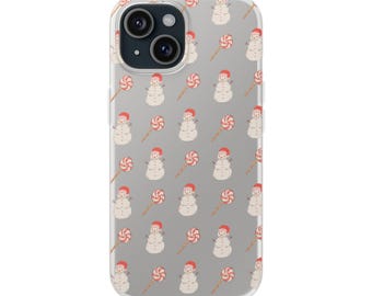 Peppermint Snowmen iPhone 15 Case, Christmas Holiday TPU Phone Cover