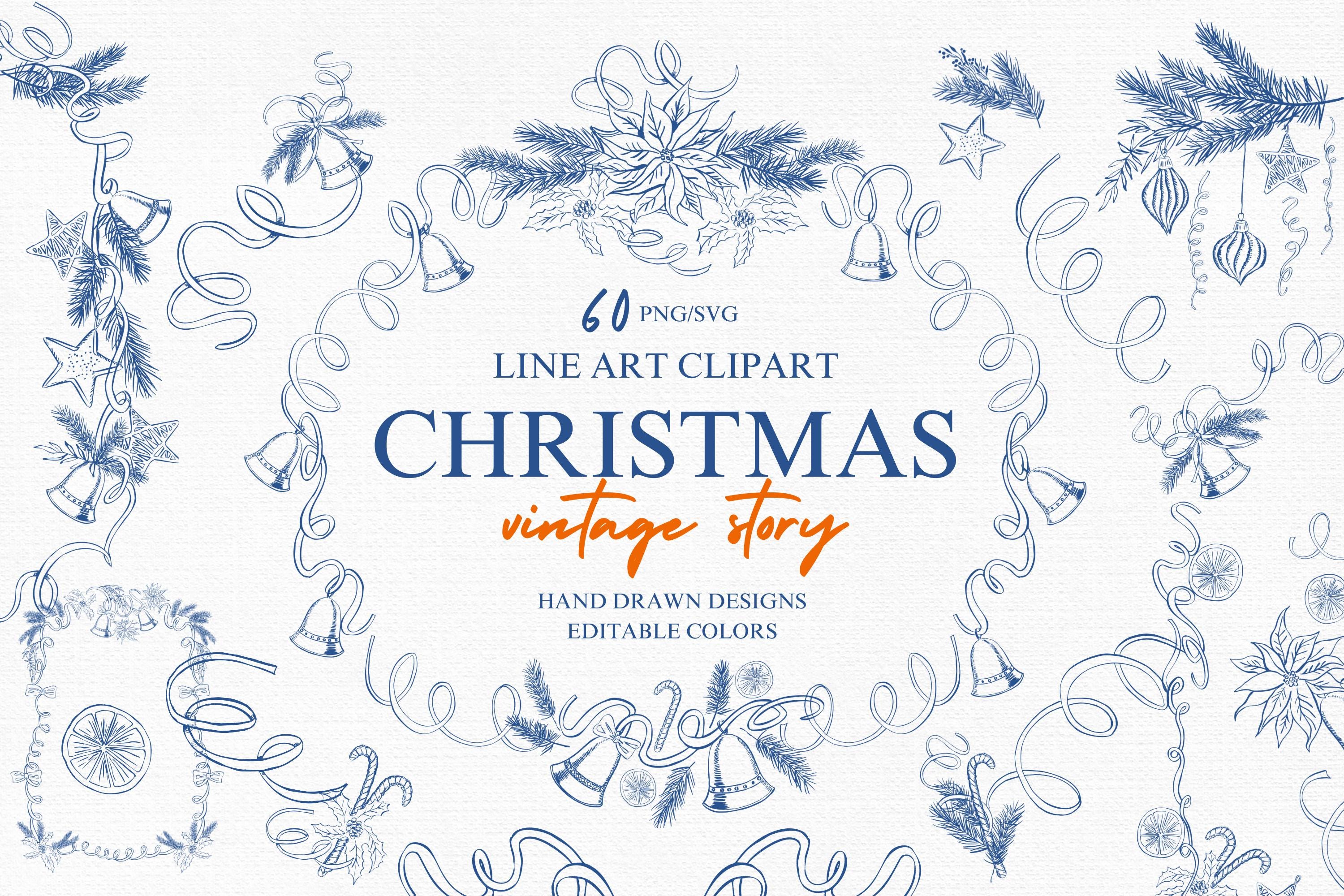 Christmas Toile Line Art SVG Clipart. Hand-drawn Winter PNG Designs ...