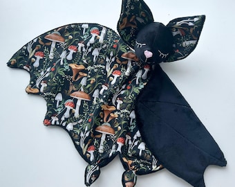 Mushrooms baby bat lovey blanket, mushrooms woodland baby shower gift and nursery, little witch baby gift, magic baby wizard, magic school