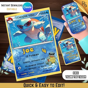 Convite de aniversário infantil Pokémon personalizável | Modelo Canva editável | Convite para festa Squirtle digital e para impressão l DIY para aniversário infantil