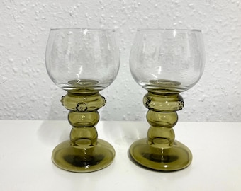 A pair of vintage Roemer Rhine green beehive stemmed wine glasses