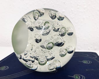Large clear round vintage bubbled hand blown glass paperweight