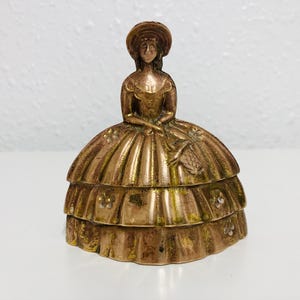 Art deco solid brass Victorian lady in crinoline floral dress hand bell