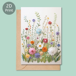 Bloemen 2D-geprinte kaart, handgemaakte illustratie wilde bloemen, blanco groet, verjaardag, bedankt, vriendschap, 5 x 7 inch, ecoverpakking