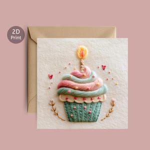 Cupcake verjaardagskaart borduurlook wenskaart voor haar of hem vierkante milieuvriendelijke blanco binnenkant kraftenvelop inbegrepen