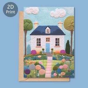 Tarjeta impresa en 2D con diseño de casa en blanco, ilustración de jardín de estilo rural con bordado, saludo en blanco, cumpleaños, agradecimiento, inauguración de la casa, 5 x 7 pulgadas